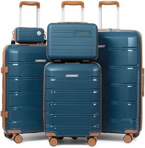 Discover Joyway's lightweight luggage sets with TSA lock, spinner wheels, and dark blue design. Perfect for women travelers, this 5-piece set includes carry-on and checked bags.