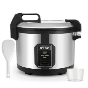 Here is the optimized SEO meta description:

Cook up to 60 cups of rice with this SYBO Commercial Rice Cooker and Warmer featuring a non-stick insert pot, stainless steel exterior, and hinged lid. Perfect for large families or commercial use - now with exclusive discounts!