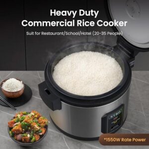 Here is the optimized SEO meta description:

Cook up to 60 cups of rice with this SYBO Commercial Rice Cooker and Warmer featuring a non-stick insert pot, stainless steel exterior, and hinged lid. Perfect for large families or commercial use - now with exclusive discounts!