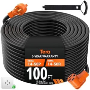 Here is the meta description:

"Heavy-duty Tera extension cord perfect for RV and EV use, featuring 50A 100ft NEMA 14-50P to 14-50R conversion, durable grip handle and cord organizer. Upgrade your charging experience."