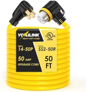 "Upgrade your RV or generator with this 50-foot cord featuring UL listed 100% copper wire and a newly designed 90° grip handle for easy handling."