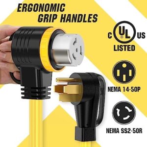 "Upgrade your RV or generator with this 50-foot cord featuring UL listed 100% copper wire and a newly designed 90° grip handle for easy handling."