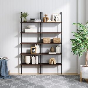 Here is the optimized SEO meta description:

"Modern bookcase for office or home with industrial metal frame and dark walnut brown/black finish. Includes 5 shelves and open ladder design. Perfect for storing books, files, and more in a stylish way."