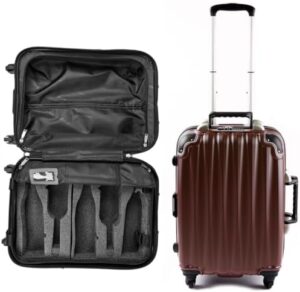Protect and transport your 5 favorite wines with VinGardeValise's Piccolo Wine Suitcase, featuring a durable hard shell, shockproof foam, and TSA-approved design for safe travel. Perfect for enthusiasts & collectors!