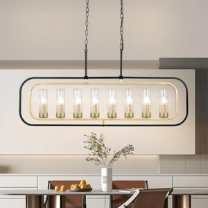 Elevate your dining room with this stunning Black and Gold Chandelier featuring 8 lights, perfect for farmhouse decor. Enjoy a modern, rectangle design with clear glass and versatile pendant lighting.
