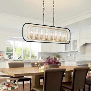 Elevate your dining room with this stunning Black and Gold Chandelier featuring 8 lights, perfect for farmhouse decor. Enjoy a modern, rectangle design with clear glass and versatile pendant lighting.
