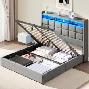 Elevate your bedroom style with the Lift Up Queen Bed Frame featuring storage, LED lights, and a charging station. Perfect for modern living, no box spring needed, and easy to assemble - Light Grey