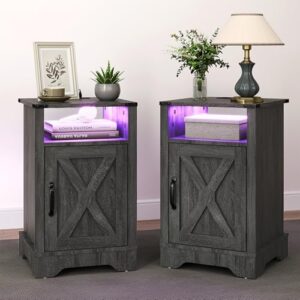 Here is the output:

"Upgrade your bedroom style with this RoyalCraft Farmhouse Nightstand Set of 2 featuring LED lights and charging station. Store essentials in dark grey nightstands with ample storage space, perfect for a cozy retreat."