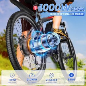 Discover the Gecheer electric bike for adults, featuring a powerful 1000W peak motor, removable battery, and adjustable stem. Perfect for daily commutes or off-road adventures. Up to 50 miles of ride time at speeds up to 21.7MPH!