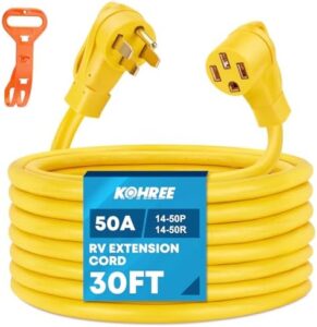 Maximize your outdoor adventure with the Kohree 50Amp RV/EV Extension Cord, featuring heavy-duty STW wire and a cord organizer for effortless setup. Up to 6250/12500W power and ETL listed for reliability.