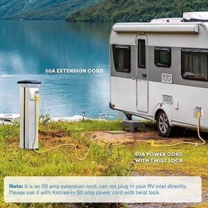 Maximize your outdoor adventure with the Kohree 50Amp RV/EV Extension Cord, featuring heavy-duty STW wire and a cord organizer for effortless setup. Up to 6250/12500W power and ETL listed for reliability.