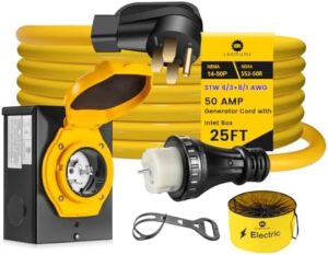Upgrade your power needs with the STW 6/3+8/1 AWG waterproof combo kit, featuring a generator extension cord and inlet box for reliable 50 Amp connections. Perfect for outdoor use, this durable combo ensures safe and efficient power transfer.