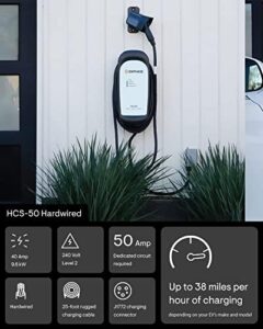 "Level 2 EV charger for home use with 5-year warranty and 25 ft cable. Charge up to 38 miles per hour, featuring J1772 connector and hardwired design."