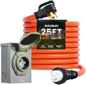 Get power and protection in one convenient kit - SURAIELEC's 25FT generator cord with locking connector and NEMA SS2-50P to SS2-50R inlet box, ETL listed for safety.