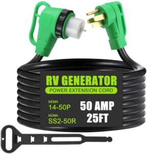 "Boost outdoor power with the Kanayu 25 FT generator cord extension, featuring a 90-degree locking grip and heavy-duty STW wire for safe RV connections. Perfect for camping or travel."