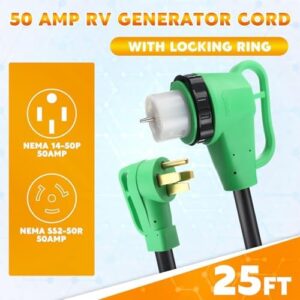 "Boost outdoor power with the Kanayu 25 FT generator cord extension, featuring a 90-degree locking grip and heavy-duty STW wire for safe RV connections. Perfect for camping or travel."