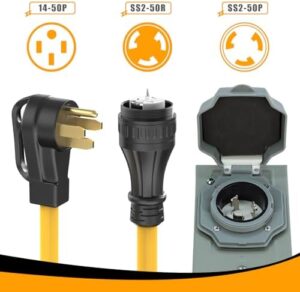 Maximize your power needs with the E-SDS 50 Amp Generator Cord and Pre-Drilled Power Inlet Box combo kit, featuring a waterproof design and ETL listing for reliable performance. Perfect for outdoor use!