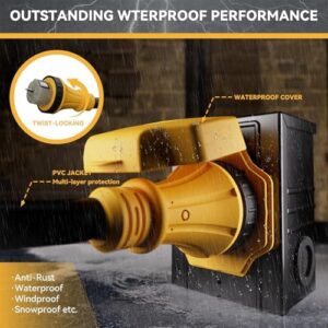 Power up your generator needs with the 50AMP 25FT Generator Cord featuring a pre-drilled power inlet box and NEMA 14-50P male connector. Perfect for heavy-duty applications, UL&ETL listed for safety. Get ready to power on with this reliable cord!