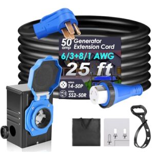 Boost your outdoor power with the Seeutek 50 Amp Generator Cord, featuring a 25 FT extension cord and pre-drilled inlet box for reliable connections. Perfect for RVs, camping, or backup systems.