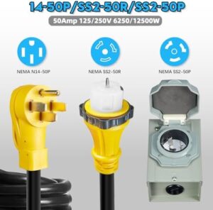 Get reliable power for your outdoor adventures with the 50 Amp Generator Cord and Power Inlet Box, featuring a durable twist lock connector and pre-drilled generator inlet box. Perfect for campers and RV owners.