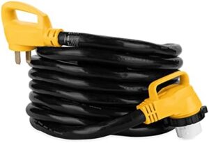 Boost your RV adventures with the Camco Power Grip 25-Ft 50 Amp extension cord, featuring a threaded locking ring for weatherproof connections and coated with heat-resilient PVC. Perfect for powering appliances up to 12,500W.
