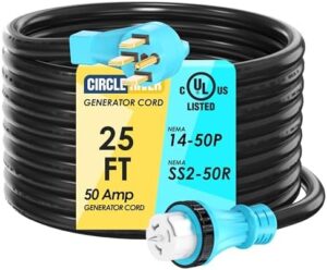"Upgrade your generator power cord with UL Listed 50 Amp 25 Feet Extension Cord, featuring NEMA 14-50P Male and SS2-50R connectors for safe and reliable connections."