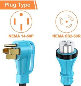 "Upgrade your generator power cord with UL Listed 50 Amp 25 Feet Extension Cord, featuring NEMA 14-50P Male and SS2-50R connectors for safe and reliable connections."