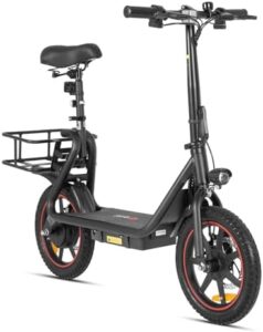 Explore the freedom of electric transportation with this folding e-scooter featuring a comfortable seat, 14-inch wheels, and up to 25 miles range.