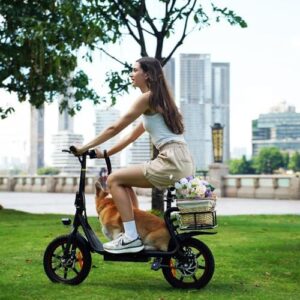 Explore the freedom of electric transportation with this folding e-scooter featuring a comfortable seat, 14-inch wheels, and up to 25 miles range.