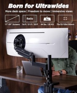 Elevate your workspace with the Heavy Duty Monitor Arm for Ultrawide Monitors, featuring a pneumatic height adjustment and modular extension arms. Perfect for desks up to 57" and 44 lbs, with VESA compatibility up to 100x100 mm.