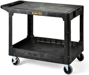 Here is the generated SEO meta description:

"Heavy-duty utility cart with flat top and full swivel wheels, holding up to 550 lbs. Perfect for warehouse, garage, or cleaning tasks on multiple shelves"