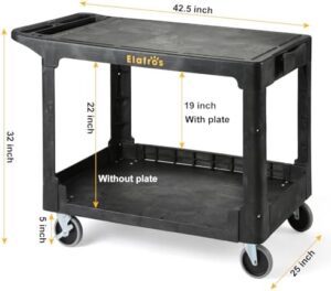 Here is the generated SEO meta description:

"Heavy-duty utility cart with flat top and full swivel wheels, holding up to 550 lbs. Perfect for warehouse, garage, or cleaning tasks on multiple shelves"