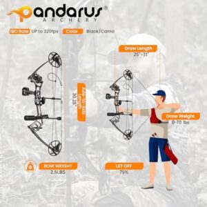 Here is the optimized SEO meta description:

"Unleash your hunting skills with this Archery Ready to Hunt Compound Bow Package, adjustable from 25"-31" draw length and 0-70 lbs draw weight. Reach speeds of up to 320 fps and enjoy a lightweight design made in USA. Perfect for adults and teens!"