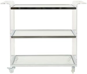 Add modern style to your home bar setup with Evee's acrylic trolley featuring clear glass shelves. Compact design perfect for small spaces, dimensions 43x30.5x75 cm. Up to 50% off with secret coupons!