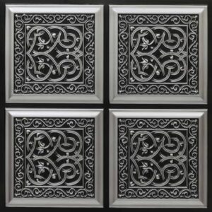 "Transform your ceiling with the 231 Lover's Knot PVC glue-up tile pack. Features antique silver finish and 25 pieces for a complete installation. Perfect for rustic, vintage-inspired designs."