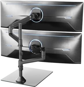 Elevate your workspace with the Pneumatic Arm Dual Ultrawide Monitor Desk Stand, holding up to 2 ultra-wide screens (30.8 lbs) on a sturdy tempered glass base, perfect for heavy-duty use and ergonomic comfort!