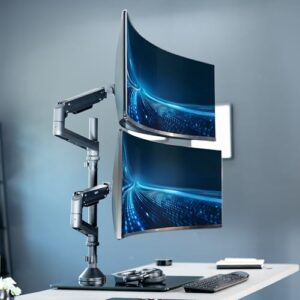 Elevate your workspace with the Pneumatic Arm Dual Ultrawide Monitor Desk Stand, holding up to 2 ultra-wide screens (30.8 lbs) on a sturdy tempered glass base, perfect for heavy-duty use and ergonomic comfort!