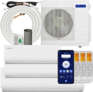 Cool multiple-zone mini split air conditioner for up to 2300 sq ft spaces with 19 SEER efficiency, Wi-Fi control and Alexa compatibility. Perfect for whole-house cooling, pre-charged heat pump included.