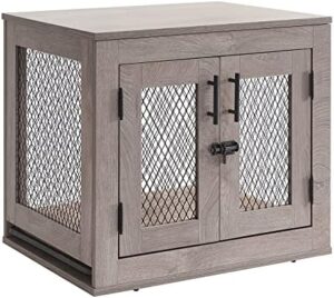 Enhance your home decor with the Wooden Dog Kennel, perfect for small breeds up to 25 lbs. Includes dog bed, tray, and end table crate with storage, ideal for indoor use.