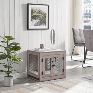 Enhance your home decor with the Wooden Dog Kennel, perfect for small breeds up to 25 lbs. Includes dog bed, tray, and end table crate with storage, ideal for indoor use.