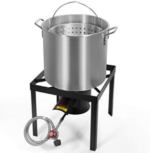 Maximize your outdoor gatherings with this X-Large Aluminum Turkey Fryer Steamer Burner BBQ Fair Clam Bake Pot featuring a high-pressure burner and 64 Qt capacity, ideal for large families or events.