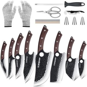 Discover a premium meat cutting set for kitchen enthusiasts. Hand-forged Japanese knives with high carbon steel and bag storage. Includes 6 accessories and boning knife perfect for BBQ, camping, or outdoor cooking.