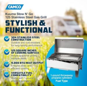Here is the generated SEO meta description:

"Compact and portable Kuuma Premium Stainless Steel Mountable Gas Grill ideal for boats, tailgating, or small outdoor spaces. Perfectly sized 125 inches with regulator included."