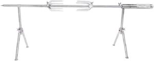 Here is the optimized SEO meta description:

"Grill like a pro outdoors with this adjustable battery-powered rotisserie spit featuring motorized rotation and silver finish. Perfect for camping trips or backyard gatherings."