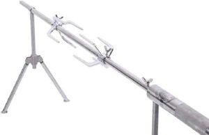 Here is the optimized SEO meta description:

"Grill like a pro outdoors with this adjustable battery-powered rotisserie spit featuring motorized rotation and silver finish. Perfect for camping trips or backyard gatherings."