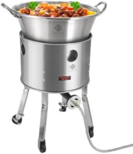 Boost your outdoor cooking experience with the ARC Stainless Steel Propane Burner & 41qt Wok Set. Features a heavy-duty Mexican Cazo design for braising carnitas, and wheeled legs for easy mobility. Perfect for large gatherings!