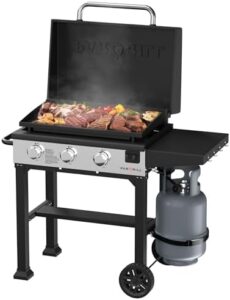 Upgrade your outdoor cooking experience with this Flat Top Heavy Duty Grill Griddle Station featuring a gas hood and side shelves for propane, barbecue, kitchen, or large 28-inch black outdoor use.