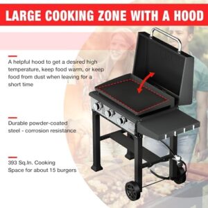 Upgrade your outdoor cooking experience with this Flat Top Heavy Duty Grill Griddle Station featuring a gas hood and side shelves for propane, barbecue, kitchen, or large 28-inch black outdoor use.