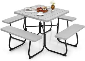 Discover the Tangkula 8-person picnic table, featuring 4 built-in benches, metal frame, and durable HDPE tabletop. Perfect for outdoor gatherings in your garden, backyard, porch, or patio, with ample seating and storage space.