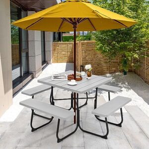 Discover the Tangkula 8-person picnic table, featuring 4 built-in benches, metal frame, and durable HDPE tabletop. Perfect for outdoor gatherings in your garden, backyard, porch, or patio, with ample seating and storage space.